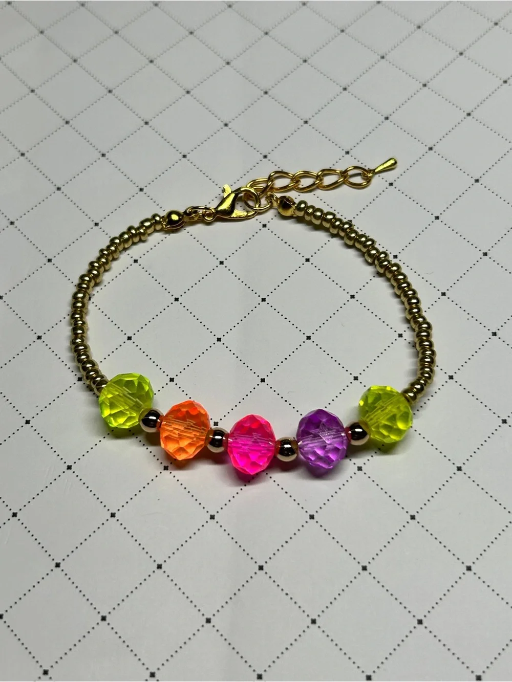 Gold Bead Bracelet with Neon Multicolor Faceted Glass Beads